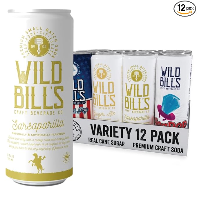 Wild Bill's Craft Soda Soft Drinks Olde Fashioned Variety Pack Ginger Ale Ring Pop Berry Blast Original Cola + MORE Pure Cane Sugar NO Caffeine or High Fructose Corn Syrup Gluten Free 12 Pack