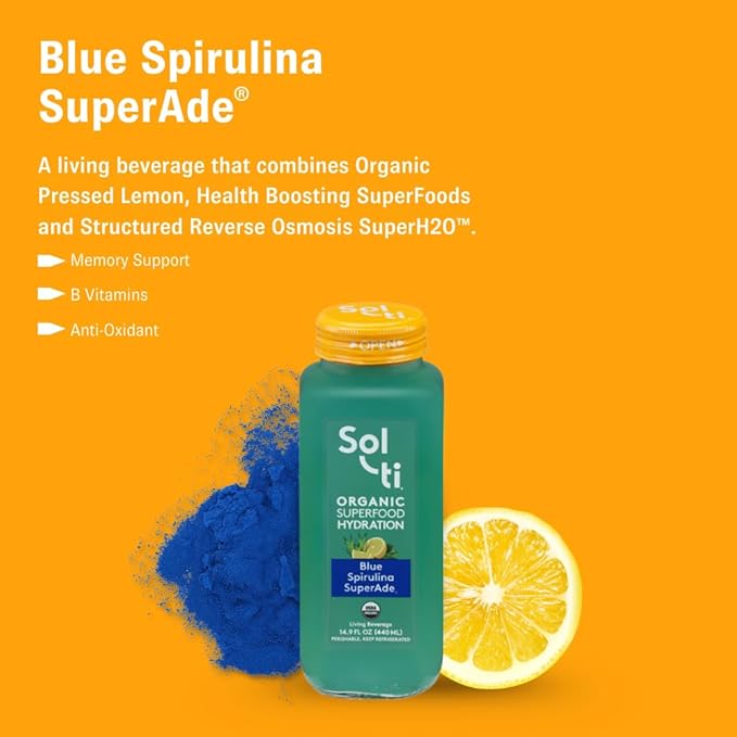 Organic SuperAde Hydration Drink Boosts Memory SuperFood Lemonade by Sol-ti Cold-Pressed Blue Spirulina and Lemon Juice Blend 16 Pack (14.9 Fl oz)