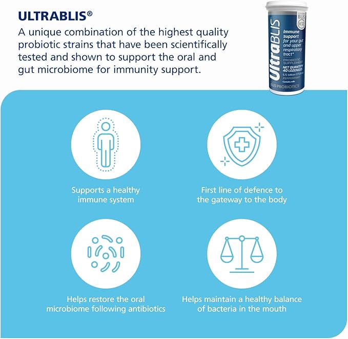 BLIS UltraBLIS Probiotic Lozenges - Immune Gut &amp Oral Health K12 Peppermint - 40 Count