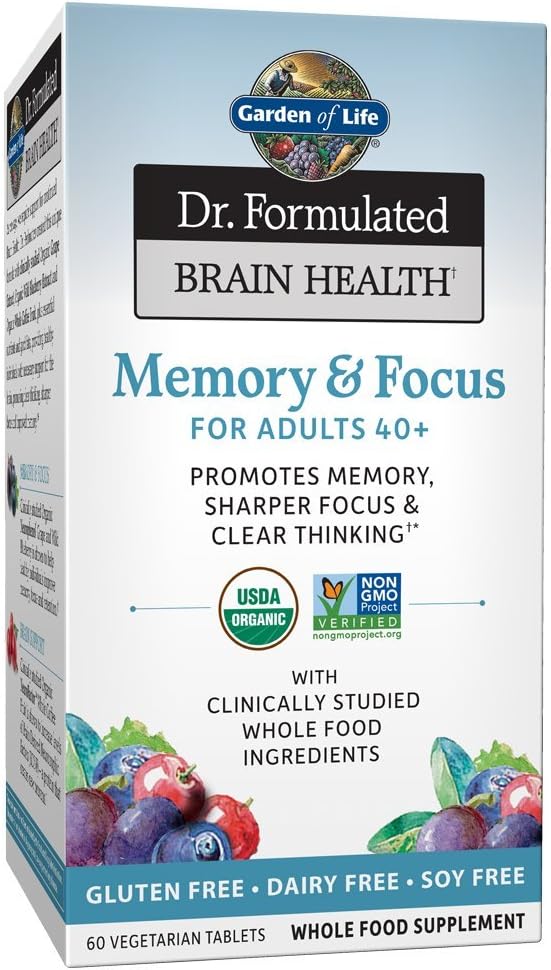 Garden of Life Dr. Formulated Organic Brain Health Memory &amp Focus for Adults 40+ 60 Tablets