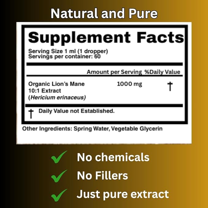 Lion’s Mane Mushroom Liquid Extract High Potency Alcohol Free 60 Daily Doses for Brain Health