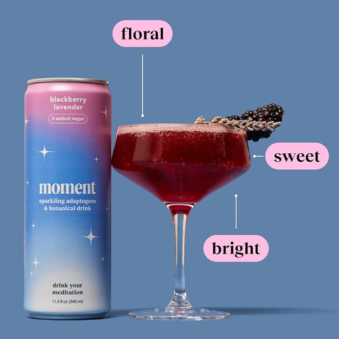 Moment Botanical Soda Soft Drink (Shark Tank) - SPARKLING Non Alcoholic Drinks | Blackberry Lavender | L-Theanine &amp Ashwagandha for Calm &amp Clarity | 0 Added Sugar 0 Caffeine | 24-pack