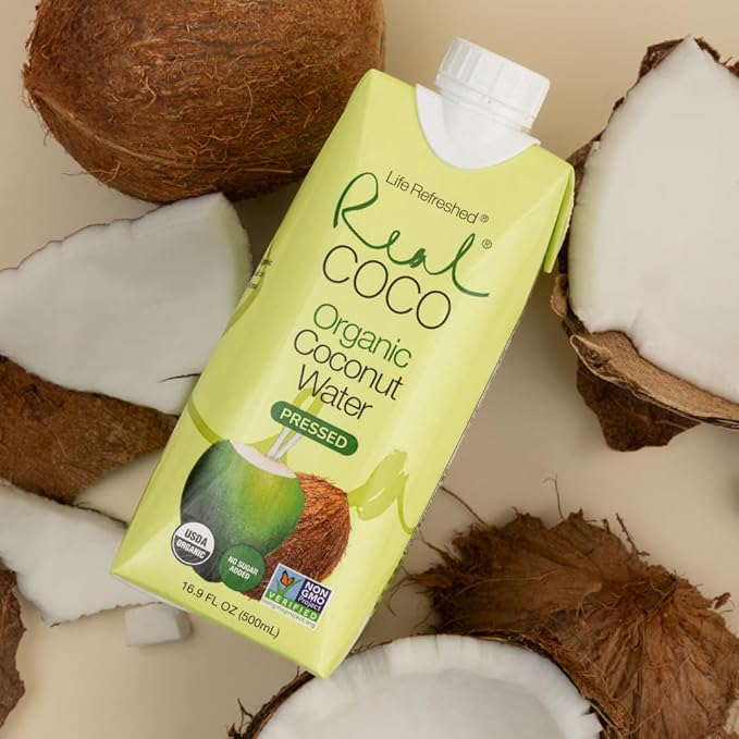 Real Coco Organic Pressed Coconut Water (12-Pack 500mL) USDA Organic No Sugar Added Essential Electrolytes Plant Based NON GMO Dairy &amp Soy Free