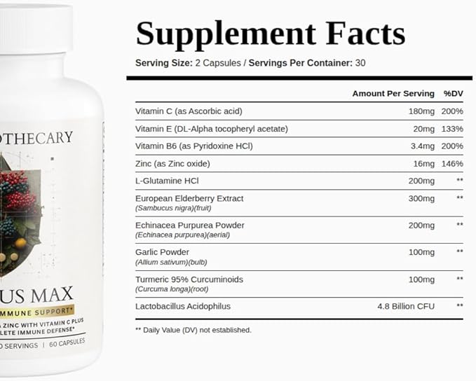 Defensus Max Immune Support Complex — Elderberry 300mg Echinacea 200mg Vitamin C Zinc Turmeric 95% Curcuminoids Probiotics 4.8 Billion CFU — 3-Layer Defense Formula for Adults — 60 Capsules