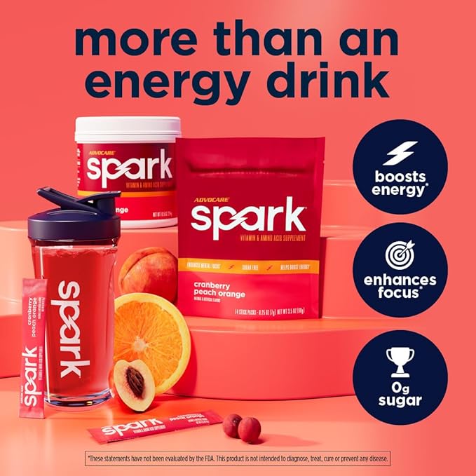 AdvoCare Spark - Energy Drink Mix - Vitamin &amp Amino Acid Supplement - Supports Energy &amp Focus - Portable Immune Support - Sugar-Free - Cranberry Peach Orange (10.5 oz)