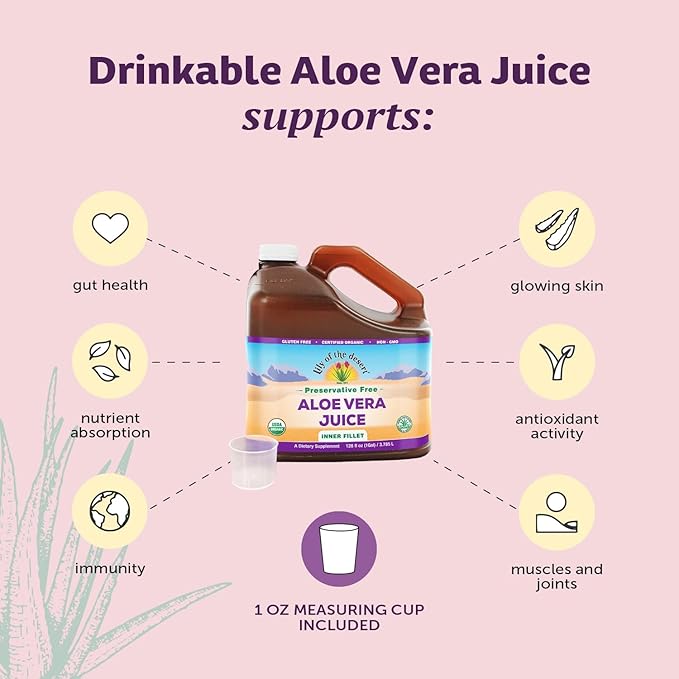 Lily of the Desert Aloe Vera Juice - Organic Preservative-Free Inner Fillet Aloe Vera Drink with Natural Digestive Enzymes for Gut Health Stomach Relief Wellness Glowing Skin 128 Fl Oz