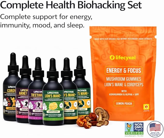 Life Cykel Premium Mushroom Extract Liquid Bundle – Lion’s Mane Cordyceps Reishi Chaga Turkey Tail &amp Shiitake (1oz Each) with Included Energy Gummies (10-Count) for Vitality &amp Mental Clar
