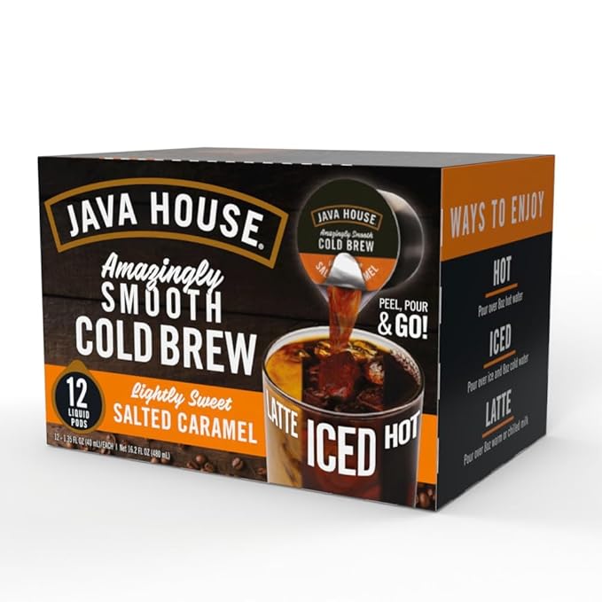 JAVA HOUSE Salted Caramel Lightly Sweet Cold Brew Coffee Pods (48 Count) Peel and Pour Pods Hot or Iced