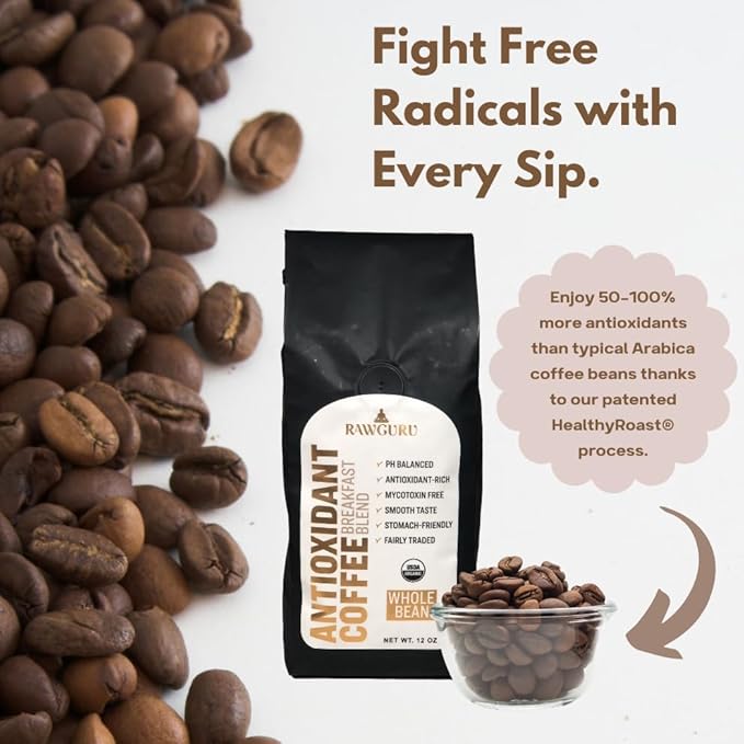 RawGuru Organic Antioxidant Coffee Breakfast Blend Gluten-Free Fairly Traded Shade Grown and Rainforest Alliance Certified Arabica Whole Bean 12 oz