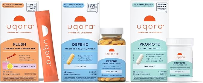 Uqora Complete Regimen with Flush Defend &amp Promote - Urinary Tract Support with D-Mannose Vitamin C Green Tea Extract Probiotics &amp More - Comprehensive Bladder Health Support* - 3-Part Bun