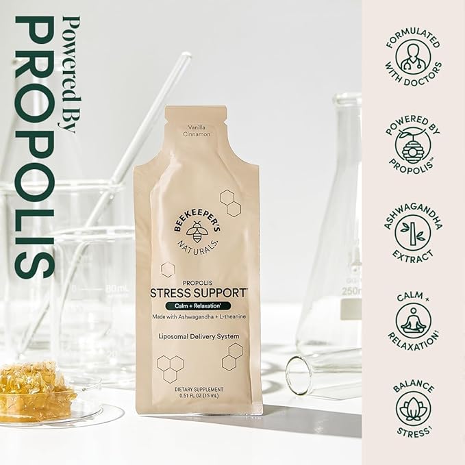 Ashwagandha Liposomal Stress Support by Beekeeper's Naturals 600mg with Propolis L-Theanine Anti-Stress Support for Calm &amp Relaxation 10ct