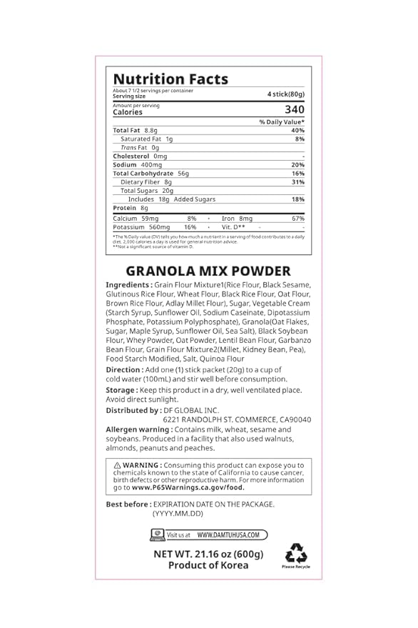 Damtuh Misugaru Powder Drink Mix – Korean Multigrain Granola Blend with Oats Quinoa &amp Black Sesame Roasted Grain Latte-Style Drink 20g x 30 Stick Packs