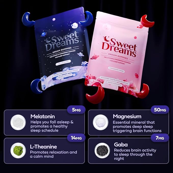 SweetDreams Dream Gummies Natural Sleep Aid for Adults 5mg Melatonin Magnesium &amp L-Theanine - Vegan Gummy Supplement - Melatonin Gummies for Restful Deep Sleep Cycles (Strawberry Moon)