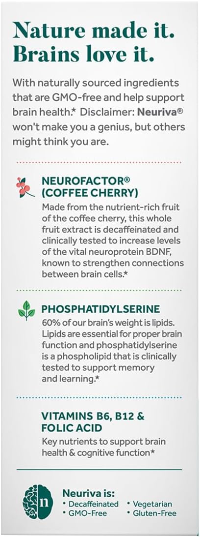 NEURIVA Plus Brain Supplement for Memory Focus &amp Concentration + Cognitive Function with Clinically Tested Nootropics Phosphatidylserine and Neurofactor VIT B6 &amp B12 30 Count Capsules (2 Pa