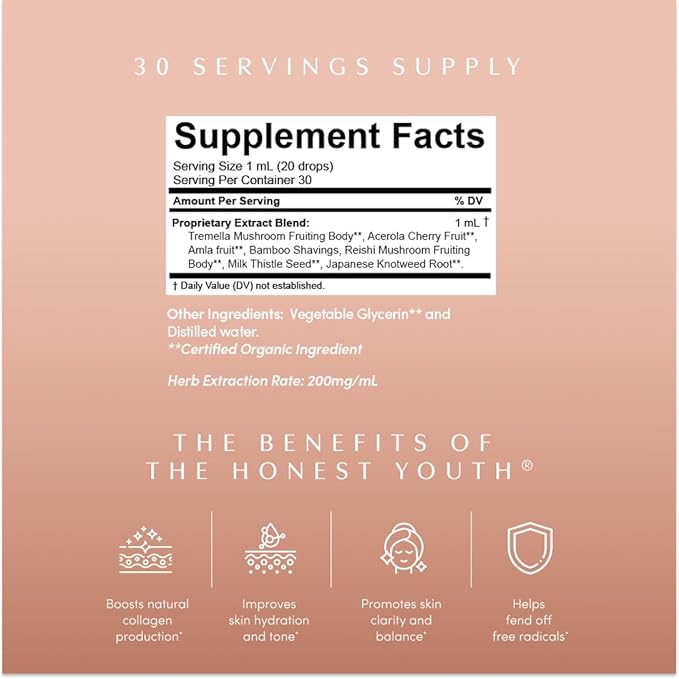 Apothékary The Honest Youth Collagen &amp Skin Support Herbal Liquid Drops Promotes Healthy Radiant Skin with Reishi and Tremella Mushroom Vegan Gluten-Free 1 Fl oz 30 Servings
