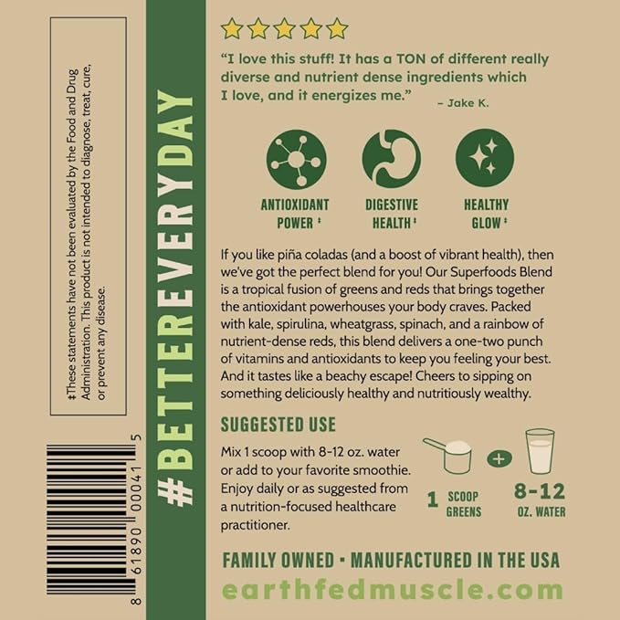 Earth Fed Muscle Superfoods Blend Reds &amp Greens Powder Piña Colada Flavor Juice &amp Smoothie Mix with Organic Kale Spirulina Wheat Grass - Detox &amp Cleanse No Added Sugar - Non-GMO - 30