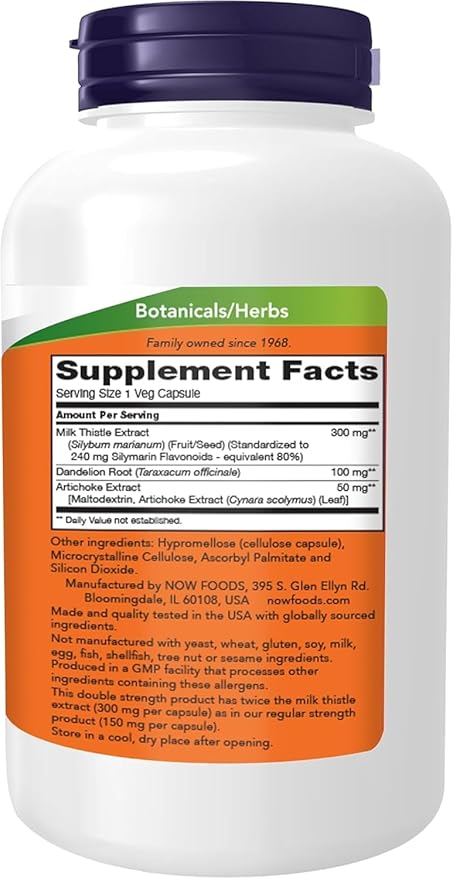 NOW Foods Supplements Silymarin Milk Thistle Extract 300 mg with Artichoke and Dandelion Double Strength Supports Liver Function* 250 Veg Capsules (Pack of 2)
