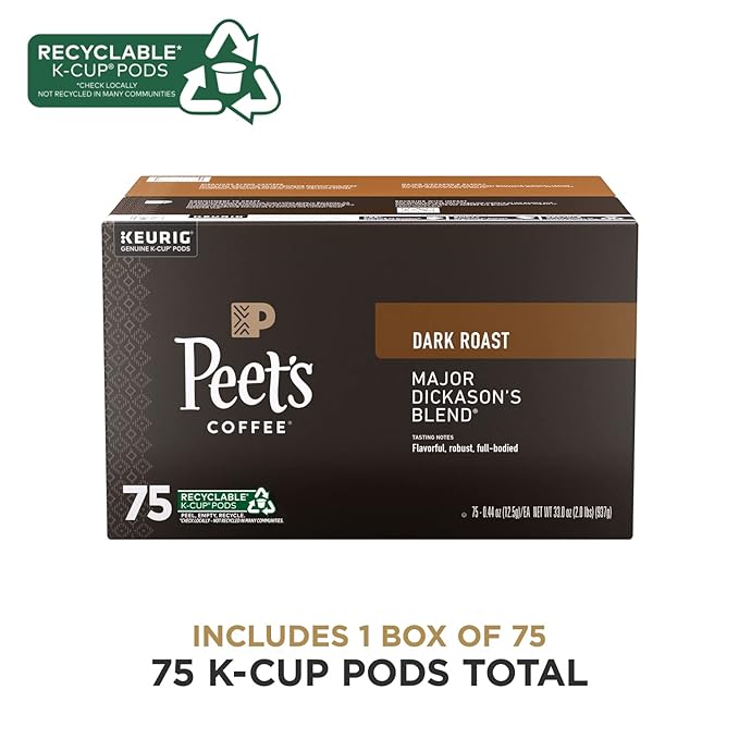 Peet's Coffee Dark Roast Keurig K-Cup Pods 100% Arabica Coffee - Major Dickason's Blend 75 Count (1 Box of 75 Pods)