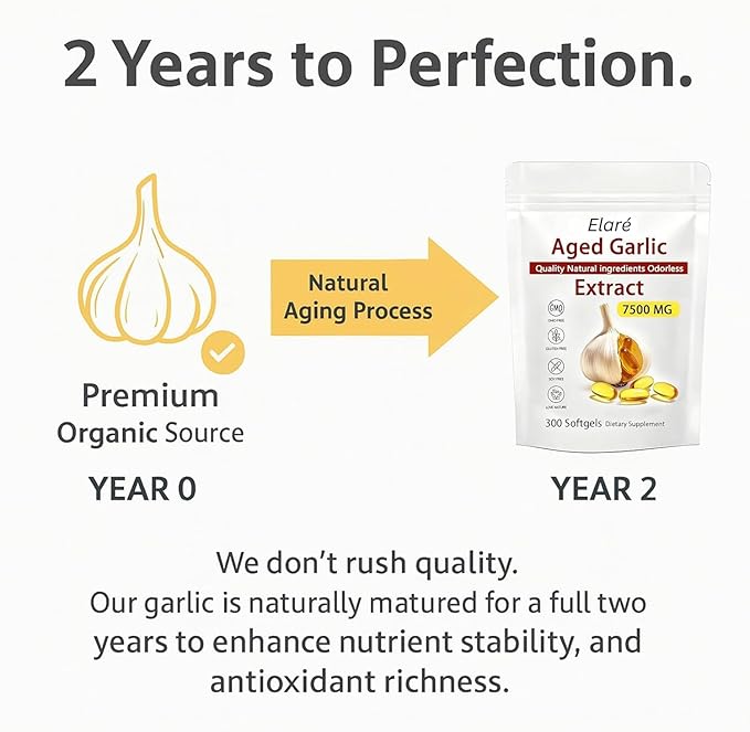 Elare Aged Garlic Extract Capsules 7500mg Odorless - 600 Count Garlic Supplement 2-Year Matured - for Heart &amp Immune Support Non-GMO Gluten-Free