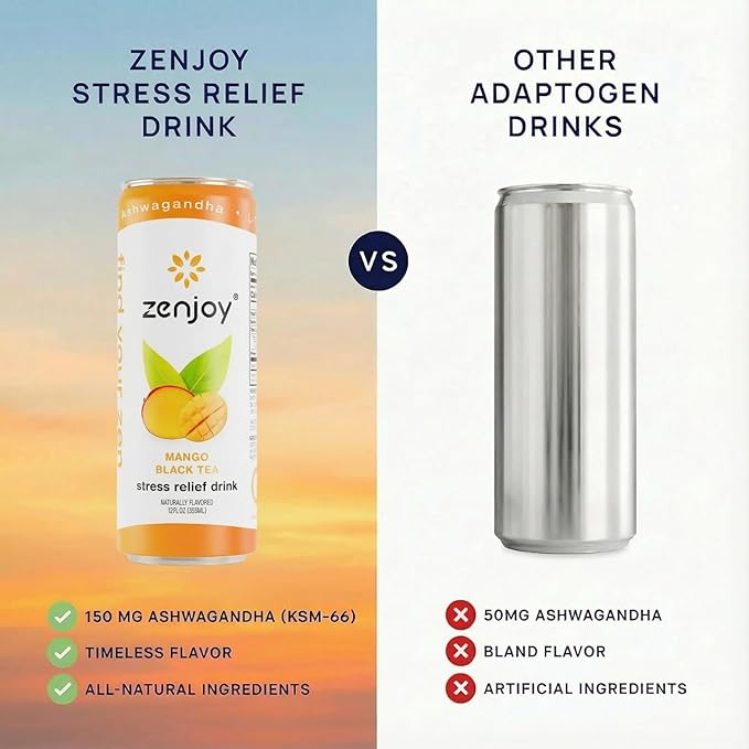 Zenjoy Stress Relief Drink Calming Green Tea &amp Black Tea Non Alcoholic Ashwagandha &amp Lemon Balm for Stress Relief L - Theanine (Variety) (12 Pack)