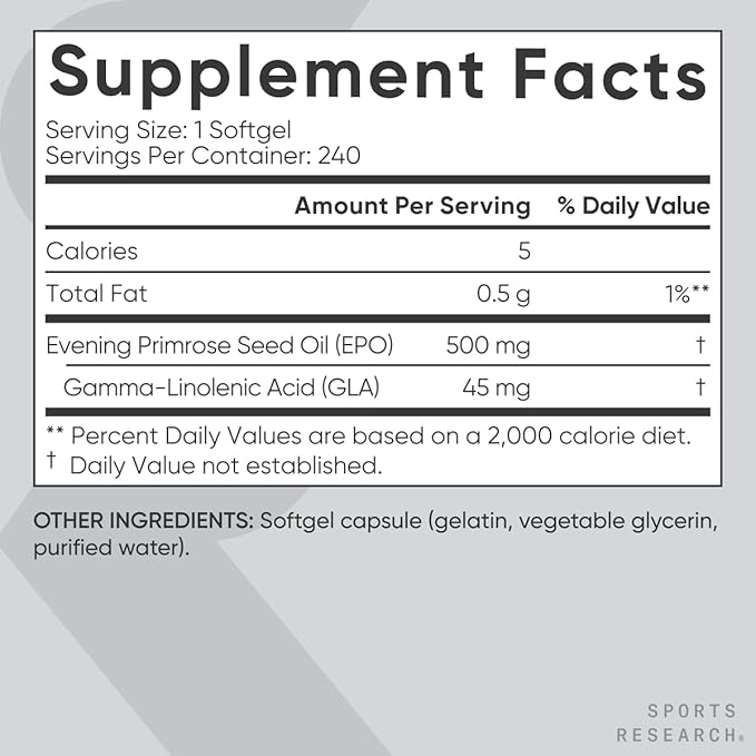 Sports Research Evening Primrose Oil (500mg) Cold-Pressed with No fillers or Artificial Ingredients Non-GMO Tested - Gluten &amp Soy Free (240 Liquid Softgels) (Pack of 2)
