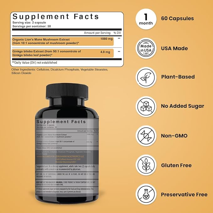 NooMost Lions Mane Mushroom Supplement Capsules 1080mg With Ginkgo Biloba - Energy Focus Clarity &amp Memory Support - Real Superfood for Brain Health for Men &amp Women - Made in USA - 60 Veg Cap