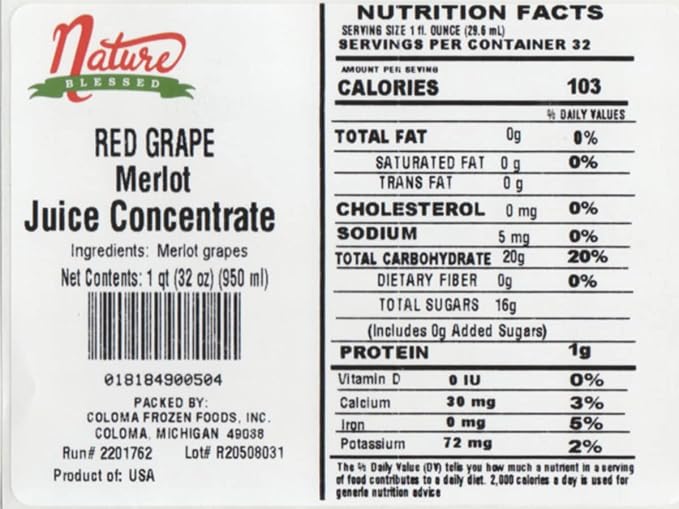 Nature Blessed 100% Pure Merlot Red Grape Fruit Juice Concentrate - 2 Quarts (2/32 fl oz bottles) Perfect for Home Vintners Brewers Hard Cider Spirits Smoothies