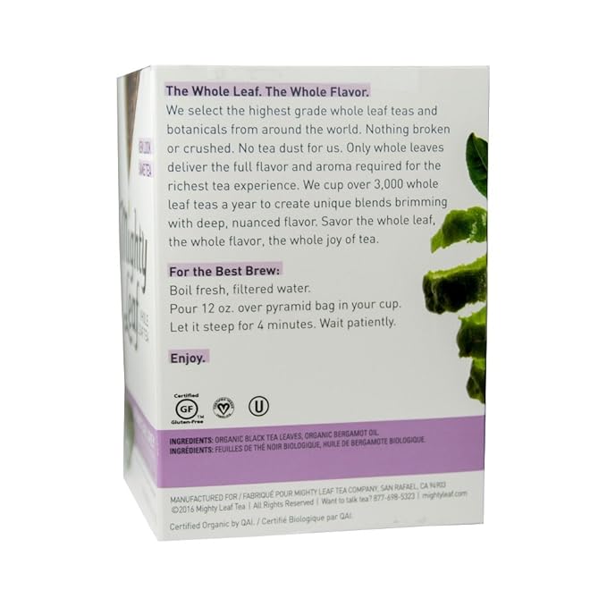 Mighty Leaf Whole Leaf Tea Organic Earl Grey 45 Tea Bags (Pack of 3 15CT each) Individual Pyramid-Style Tea Sachets of Organic Caffeinated Black Tea with Organic Bergamot Delicious Hot or Iced