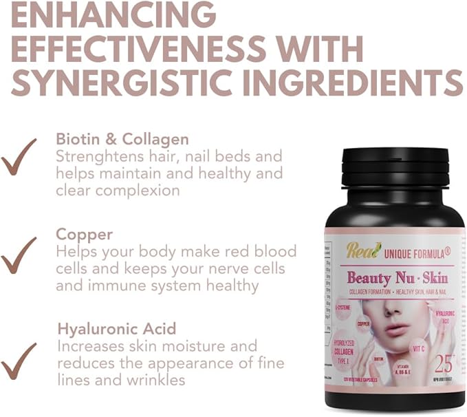 Premium Beauty Skin 25+ | Hydrolyzed Collagen Type I Hyaluronic Acid L-Cysteine Vitamins C A B5 E &amp Biotin Copper | Support Healthy Skin Nails Hair Glowing Look
