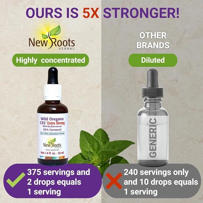 NEW ROOTS HERBAL Wild Oregano Oil Drops | Extra Strong with 93% Carvacrol (1 fl oz) | 547 Servings Highest Concentration Oil of Oregano Extract | Non GMO Vegan Gluten Free