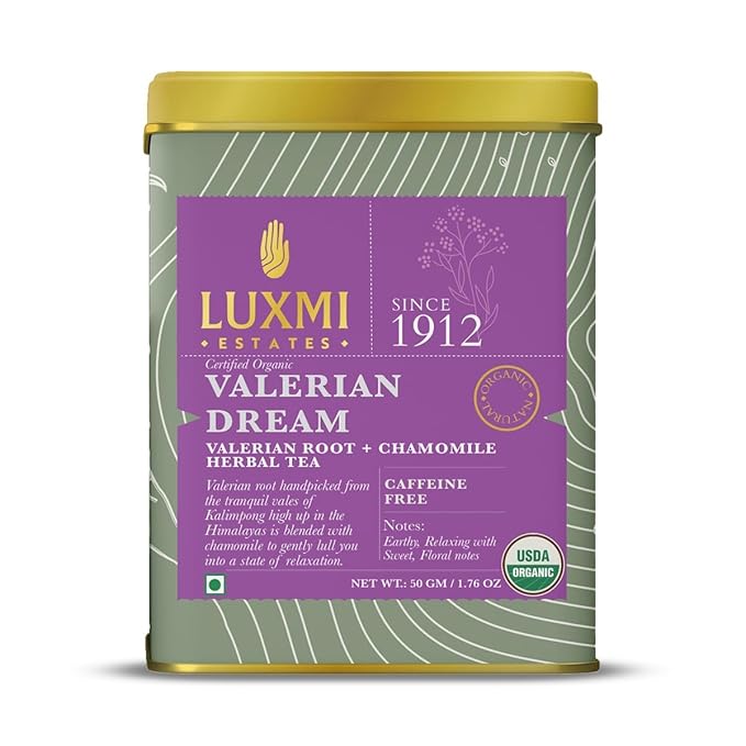 Luxmi Estates - Sleep Tea Set - 2 x 100g Tins of Valerian Dream and Vanilla Spice Chai + 1pc of Spoon and 1pc of Infuser Gift set pack best gift hamper | | Valentine Gift set