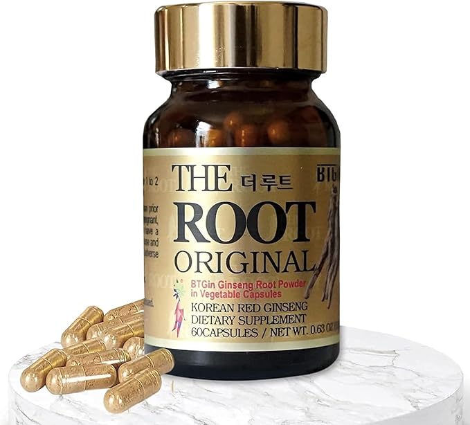 The Root Original Korean Red Panax Ginseng Supplement - 100% Whole Fine Root Powder with Natural Fiber &amp Minerals - Caffeine Free Stamina Wellness &amp Immunity Support - 60 Capsules