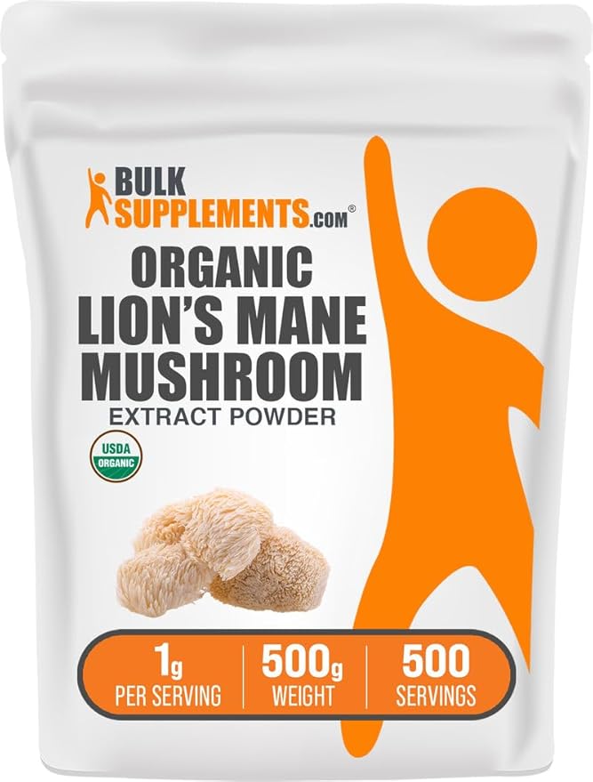 BulkSupplements.com Organic Lion's Mane Mushroom Extract Powder - Mushroom Supplement Brain Supplement for Memory and Focus Support - Vegan 1g per Serving 500g (1.1 lbs) (Pack of 1)