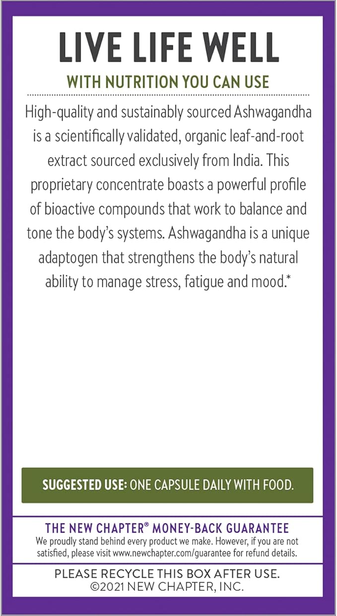 New Chapter Organic Ashwagandha Supplement One Capsule a Day of Adaptogens for Stress Relief Mood Support &amp Energy Vegan 60 Count