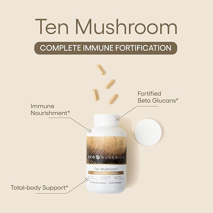 EcoNugenics Ten Mushroom Supplement: Daily Immune Support 120 Capsules – Lion’s Mane Reishi Cordyceps Turkey Tail – Energy Gut Health Liver Kidney Cholesterol &amp Nootropic Brain Support