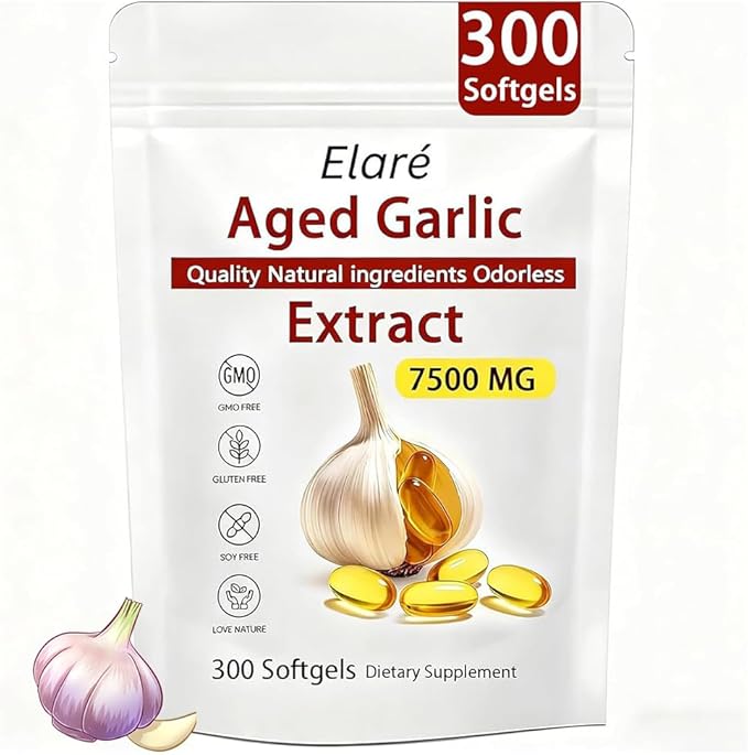 Elare Aged Garlic Extract Capsules 7500mg Odorless - 300 Count Garlic Supplement 2-Year Matured - for Heart &amp Immune Support Non-GMO Gluten-Free