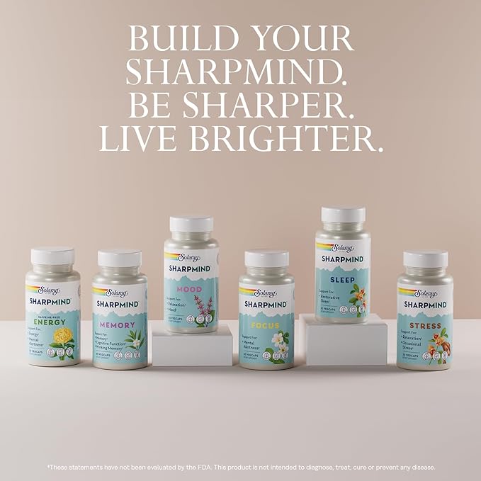 SOLARAY SharpMind Memory Formula - Brain Supplements for Memory and Focus - Cognivia Gotu Kola &amp Chaga Mushroom Supplement - Ginkgo Biloba Alternative - 60-Day Guarantee - 30 Servings 60 VegCaps