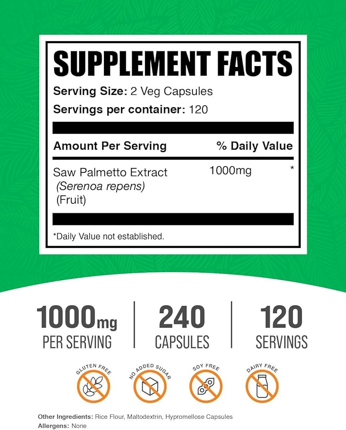 BulkSupplements.com Saw Palmetto Extract Capsules - Serenoa Repens Saw Palmetto Supplement - Gluten Free 2 Capsules per Serving Count (Pack of 1)