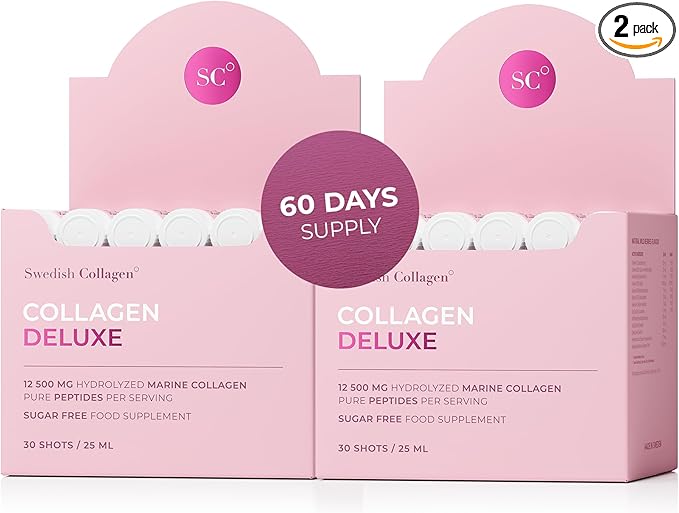 Swedish Collagen Deluxe | 12500 mg Hydrolyzed Marine Collagen Liquid Supplement - 60 x 25 ml Daily Shots (2 Pack 30 in Each) | Hyaluronic Acid Biotin and Vitamin C for Hair Skin Nails and Joints