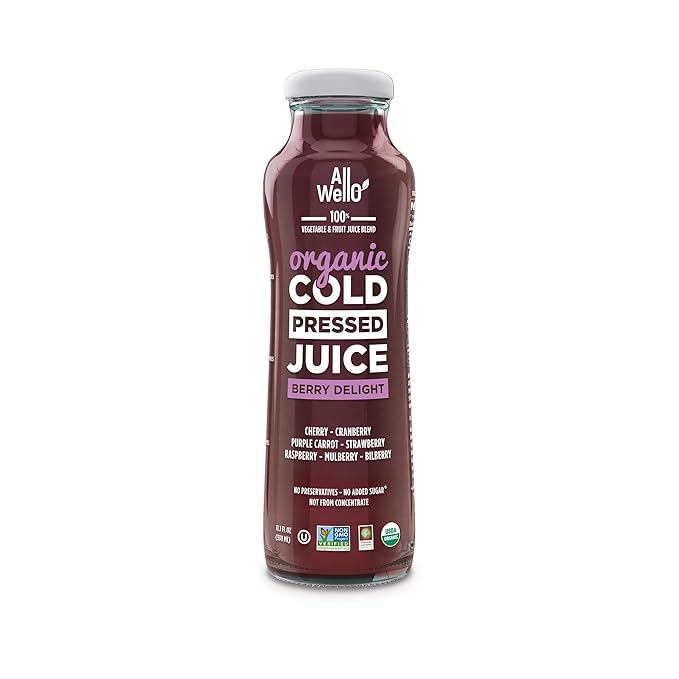 AllWellO Organic Cold Pressed Juice Drinks with Real Fruits and Vegetables Gluten Free Non-GMO Healthy Juices No Preservatives No Sugar Added (Berry Delight 12 Pack)
