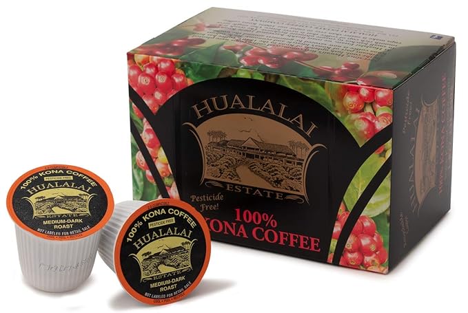 Hualalai Estate 100% Pure Kona Coffee Pods - Medium Dark Roasted Hawaiian Grown K-Cups - Pesticide-Free Gourmet Grade Premium Kcups (6 Pack 12 Cups)