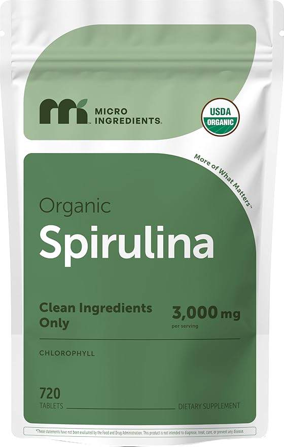 Micro Ingredients Organic Spirulina Supplement 720 Tablets (4 Month Supply) No Filler &amp Non-GMO Rich in Vegan Protein Vitamins &amp Prebiotics Premium Spirulina Pills