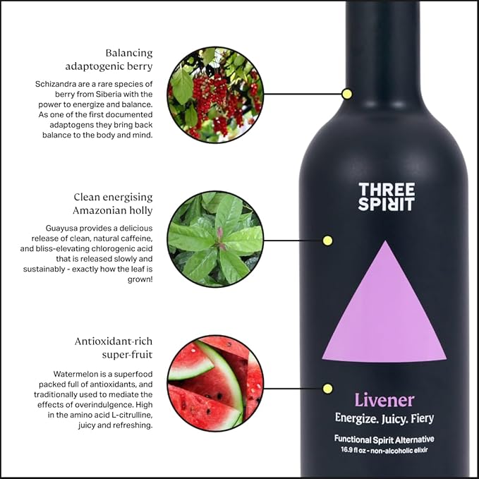 Three Spirit Non-Alcoholic Alternative Spirit- The Livener 50cl | Energizing with Natural Caffeine ADAPTOGENS &amp Watermelon &amp Ginger | Multi-Award Winning Active botanical Gluten Free &amp