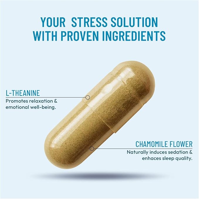 Stress Relief Supplement - Supports Mood &amp Mental Focus - Feel Calm and Relaxed - Eases Tension &amp Nervousness - Ashwagandha GABA Valerian &amp L-Theanine - 60 Capsules