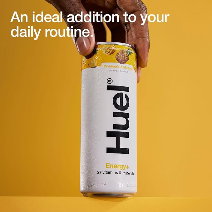 Huel Energy+ | Pineapple &amp Mango Energy Drink | Refreshing Plant-Based Drink with Real Fruit | 200mg of Caffeine and 27 Vitamins &amp Minerals | 35 Calories per 12 FL Oz 12 Pack