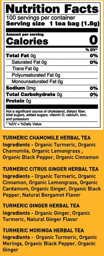 Organic Turmeric Tea Variety Pack – 100 Pyramid Herbal Tea Bags Caffeine Free USDA Organic Non-GMO 4 Flavor Assortment (Turmeric Ginger Citrus Ginger Chamomile Moringa) 6.35 oz