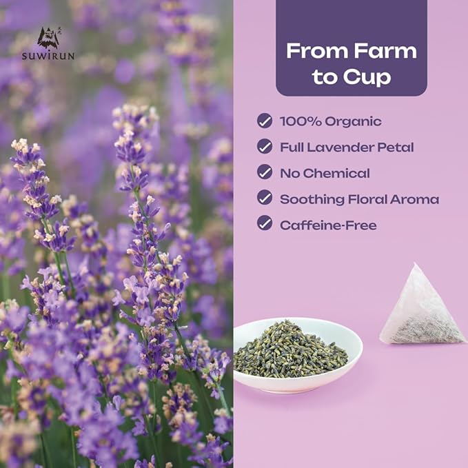 Suwirun Organic Lavender Tea 25 Bags – 100% Lavender Flowers – Aromatic &amp Calming Caffeine-Free – Supports Stress Relief Relaxation &amp Better Sleep