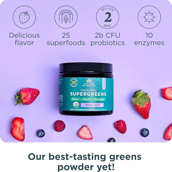 Ancient Nutrition Multi Collagen Protein Powder Vanilla 60 Servings + Organic Supergreens Powder Berry 12 Servings