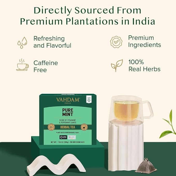 VAHDAM Pure Mint Herbal Tea (100 Pyramid Tea Bags) Caffeine Free Non GMO Gluten Free | Blend of Spearmint &amp Peppermint - Sweet &amp Minty | Resealable Ziplock Pouch