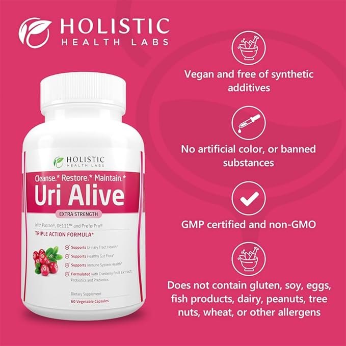Uri Alive Extra Strength Urinary Support Supplement for Urinary Tract Bladder Gut Flora and Immune System Health (60 Count (Pack of 3))